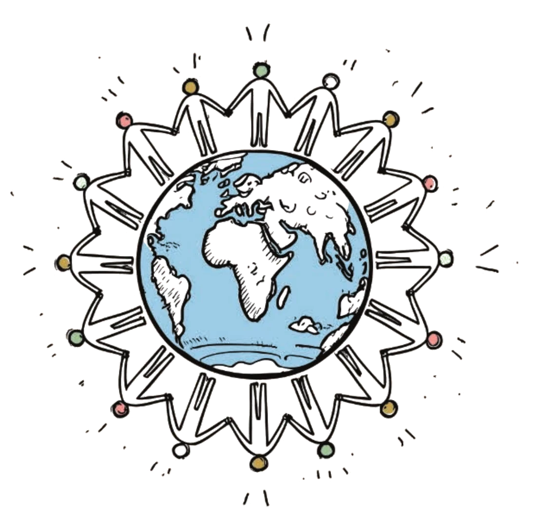 Hand-drawn globe circled by people holding hands
