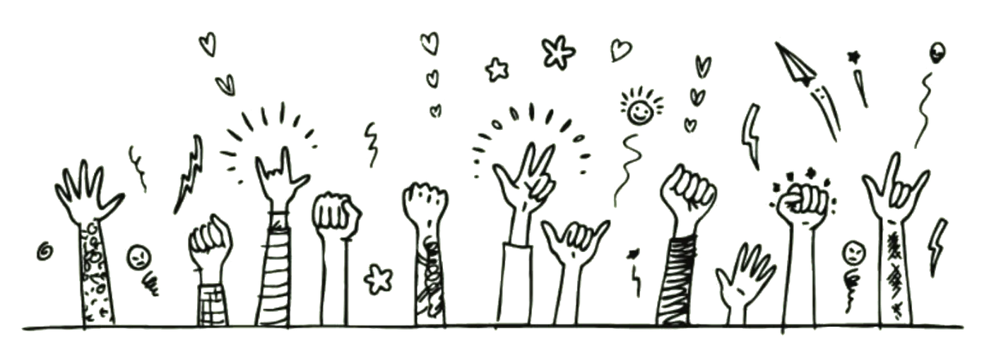 Hand-drawn raised hands celebrating